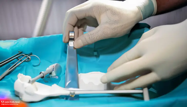 Das Bild zeigt Hände einer Person, die medizinisches Besteck für eine orthopädische Operation steril vorbereitet.